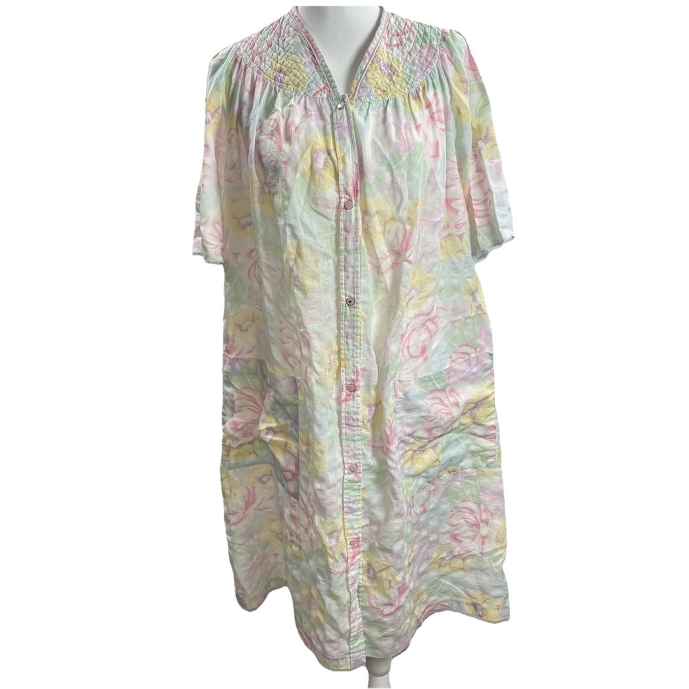 VTG 1960s Smart Time Floral Housecoat Dress Pastel Snap Front Long Nightgown M L